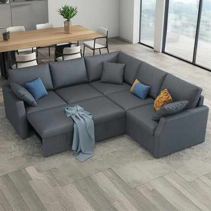 Sofa Bed with Pull-Out Mattress And Storage Seating, Linen Fabric Corner Sectional Suitable