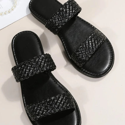 Black Braided Double Band Leathered Flat Slippers