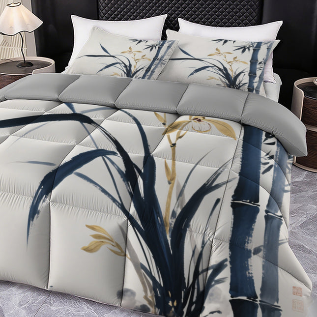 Three-Piece Printed Bedding Set (1 Quilt + 2 Pillow Covers) - Zen Orchid Bamboo Floral Design