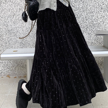 Women'S Elegant Heart Pattern Velvet Skirt - High-Waisted A-Line Long Skirt with Ruffled Hem