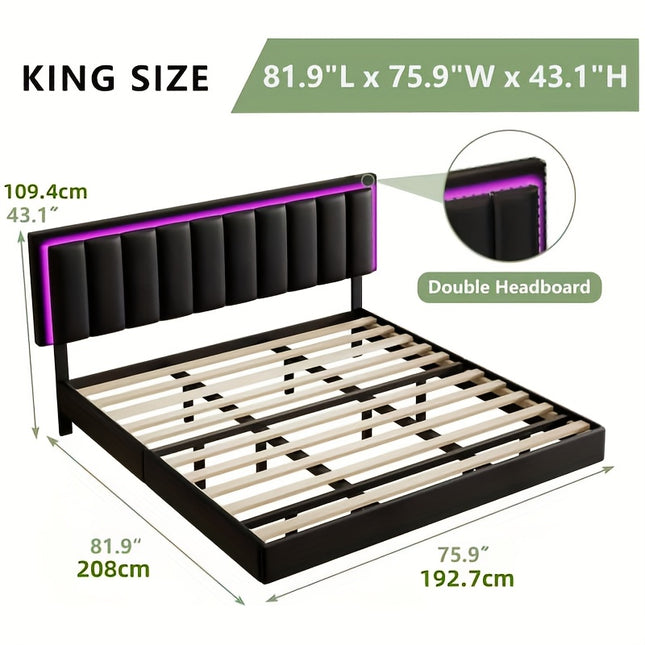 Floating Bed Frame with RGB LED Lights | Upholstered Headboard, Solid Wood Slats Support, No Box Spring Needed,