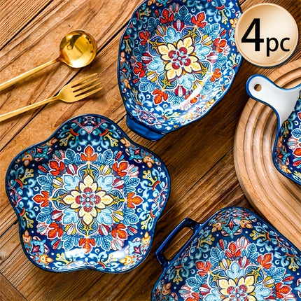 4pcs Bohemian Ceramic Bakeware & Serving Dishes Set - Oven-Safe Ceramic Rectangular Baking Dishes