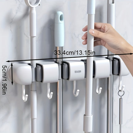 Wall-Mounted Mop and Broom Holder Organizer with Strong Adhesive, 5-Slot Plastic Storage Rack for Bathroom