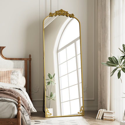 Full Length Mirror, 64"x21" Floor Mirror Freestanding With Carved Metal Frame & Bottom Art Carved,