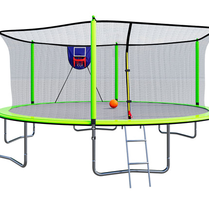 15FT Trampoline with Basketball Hoop Inflator and Ladder, 6pcs safety new pole Sleeves- Green