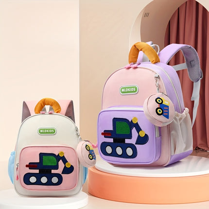 Kids' Cartoon Construction Vehicle Backpack Adjustable Straps, Lightweight,