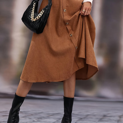 Elegant Solid Color Button-Front Flared Skirt for Women - High Waist, Machine Washable