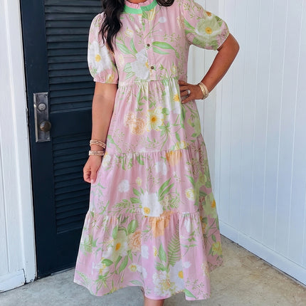 Pink Floral Print Short Puff Sleeve High Waist Tiered Maxi Dress