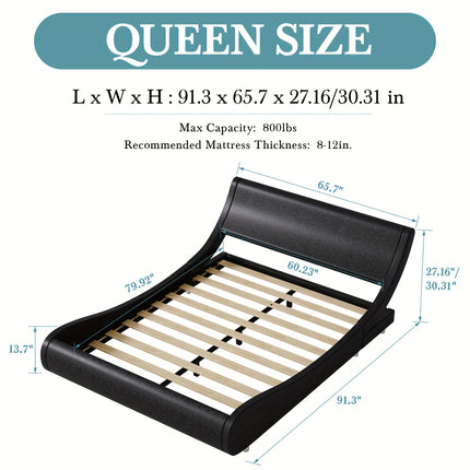 Bed Frame with Adjustable Headboard - Deluxe Faux Leather Upholstered Bed, Solid Wood