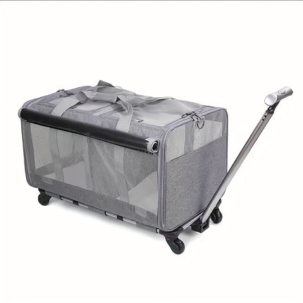Double Compartment Detachable Travel Carrier for 2 Cats & Puppies - Spacious Pet Trolley with Ventilated Mesh & Removable Lining, Durable Wheels & Ergonomic Handle for Airplane Travel, Vet Visits, Road Trips