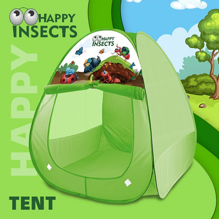 A Geometric Puzzle Tent Shaped Like a Triangle, Featuring a Design with Green Grass And Insects. It Is Washable, Foldable, And Made with a Steel Frame And Polyester Fabric, Suitable for Both Boys And Girls.