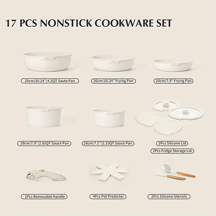 17pcs Cookware Set With Detachable Handle, Nonstick Pots And Pans Set With Removable Handle,