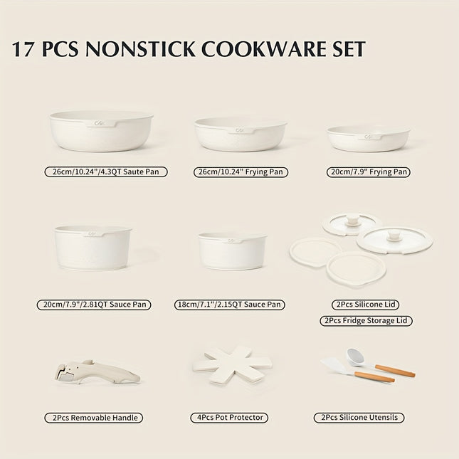 17pcs Cookware Set With Detachable Handle, Nonstick Pots And Pans Set With Removable Handle,