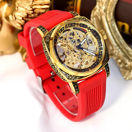 1pc Men's Vintage Mechanical Watch - Automatic winding, Roman Numerals, Golden-Tone case & Red Strap,