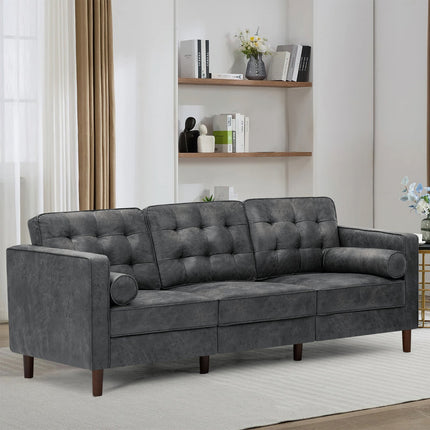 Leather Couch Featuring 2 Bolster Cushions, Contemporary Three-Seater Sofa with Tufted Backrests