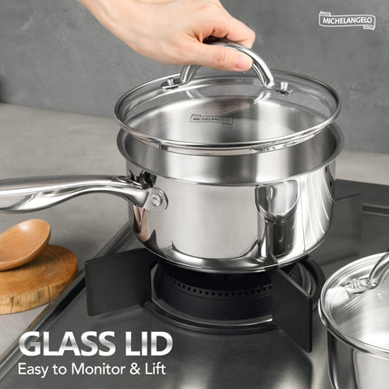 Premium 18/10 Stainless Steel Saucepan Set 6pc Tri-Ply Nonstick Pots with Tempered Glass Lids