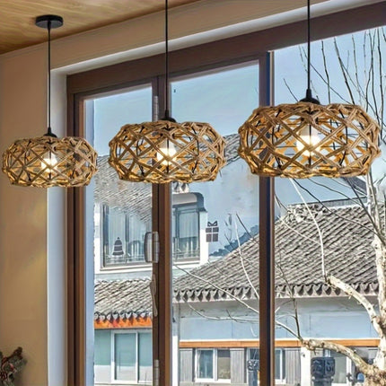 1pc Handmade Woven Rope Chandelier, 11.81-Inch Wide Pendant in Rustic Linen Color for Kitchen