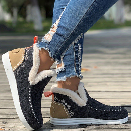 Carbon Grey Suede Stitching Patchwork Plush Lined Anklet Boots