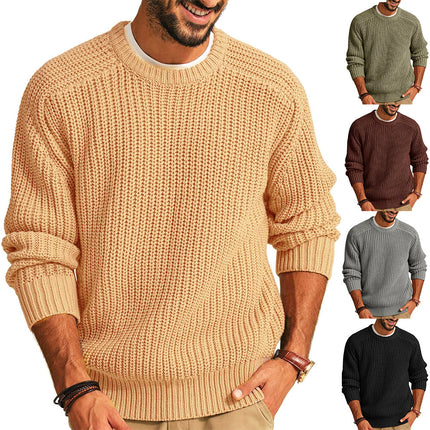 Men's Solid Color Long Sleeve Round Neck Fashion Sweater Loose Retro Sweater