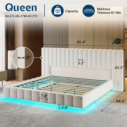 Bed Frame with Wide Headboard, Floating Platform, RGB LED Lights,