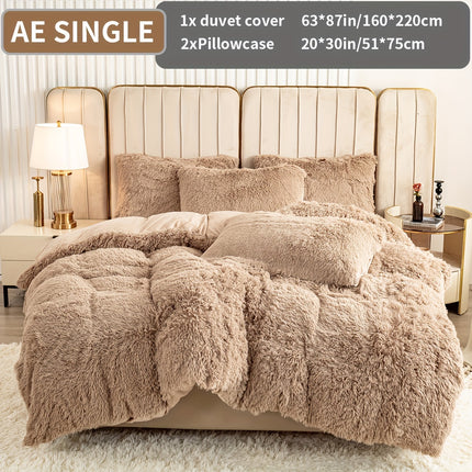 3pcs Solid Color Polyester Plush Duvet Cover Set, Winter Bedding, Machine Washable, Zipper Closure, 250-300g Fabric, Active Print, No Filler, Pillowcases Included