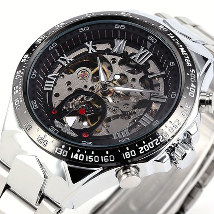 Men'S Luxury Automatic Mechanical Watch - Elegant Steel Band, Multi-Function Sun/Moon/Star Display,
