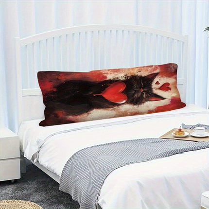 1pc Whimsical Black Cat Design Full Body Pillow with Zipper Headrest - Vibrant Red & White Artwork