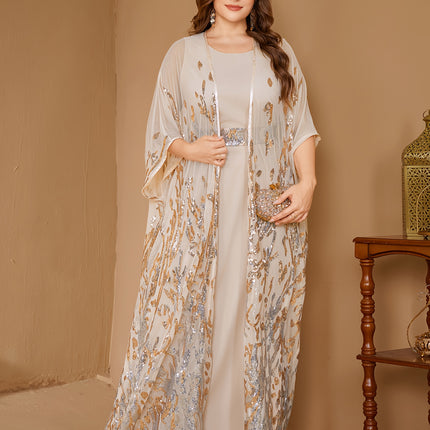 Plus Size, Plus Size Sequin Dress with Dual-Waist  Long Sleeve Train Maxi Gown, Elegant Formal Wedding