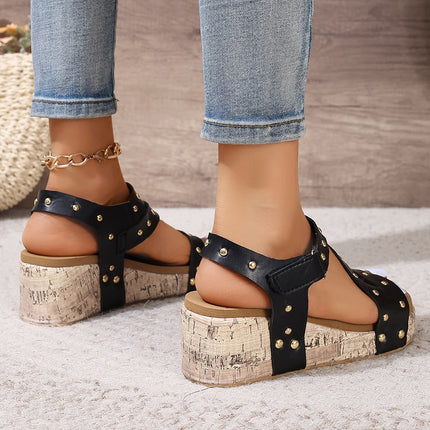 Black Rivet Hollow Out Leather Wedge Sandals