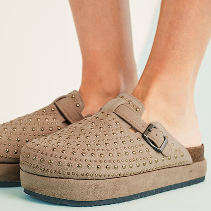 Parchment Rivet Buckle Closed Toe Platform Slippers