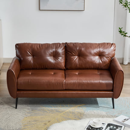Modern Tufted Mini Sofa Brown Faux Leather, Comfy Office 2-Seat Settee for Small Spaces, Bedroom, Living Room