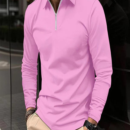 Zipper Men's Solid Color Long Sleeve Sports Polo Shirt