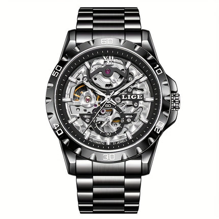Men'S Mechanical Watch - Elegant Hollow Dial with Stainless Steel Strap,