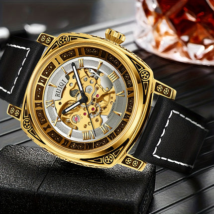 Men'S Luxury Vintage Automatic Mechanical Watch with Golden Hollow Carved Skeleton Dial,