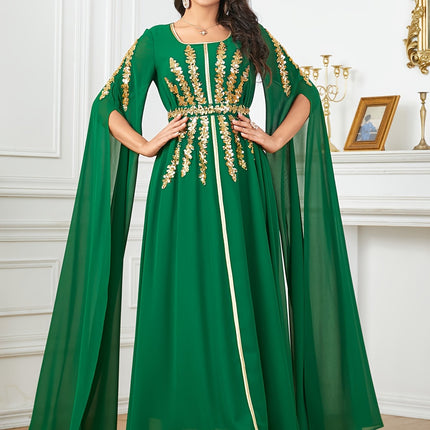 Middle Eastern Fashion Solid Color Sequin Embroidered Waist-Cinching Long Split Sleeve Gown Dress