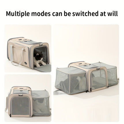 Expandable Large-Capacity Cat Carrier - Portable Linen Pet Travel Bag with Zipper Closure for Two Cats, Ideal for Outdoor Use