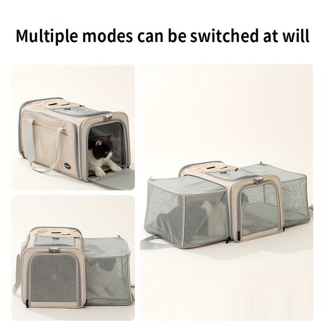 Expandable Large-Capacity Cat Carrier - Portable Linen Pet Travel Bag with Zipper Closure for Two Cats, Ideal for Outdoor Use