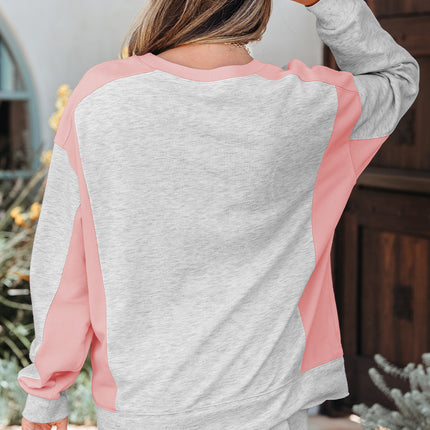 Light Grey Color Block Raw Hem Pullover and Casual Shorts Set