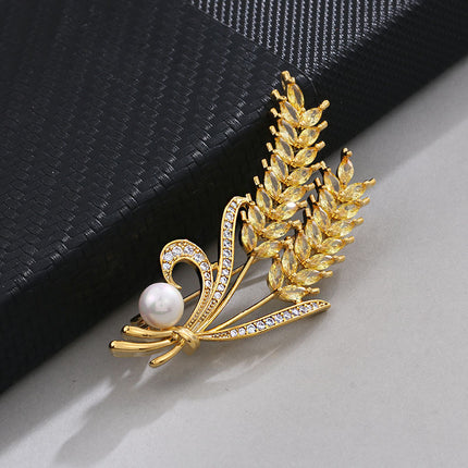 Copper White Gold White Zircon Wheat Brooch
