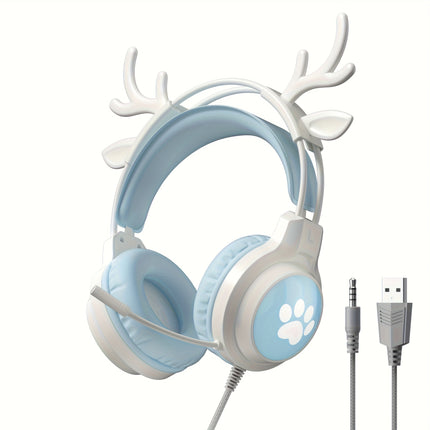 Cute Deer Ear Headset | Wired Gaming Headphones with Microphone, USB Powered, Plastic Material
