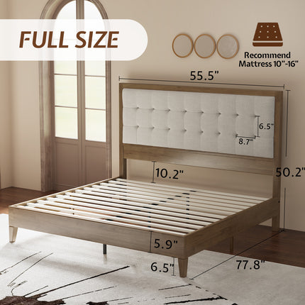 Wooden Bed Frame, High Upholstered Tufted Headboard, Sturdy Wood Platform, No Box Spring Required