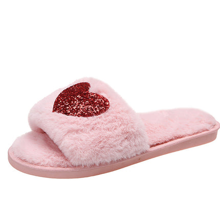 Pink Sequin Heart Shaped Slip On Plush Slippers