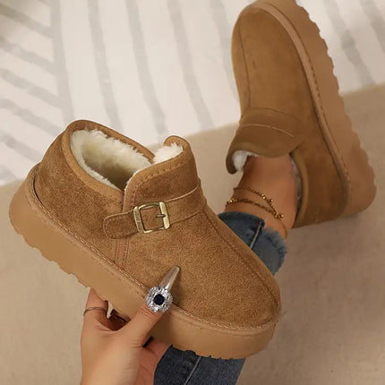 Coffee Buckle Detail Round Toe Platform Cozy Winter Boots