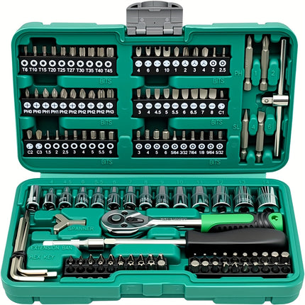 130pcs Tool Set Tool Box, 1/4 Inch Drive Socket Ratchet Wrench Set with Drill Bit Socket Set Metric