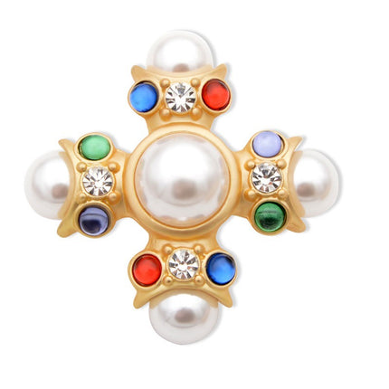 Fashion Colored Glass Pearl Cross Brooch