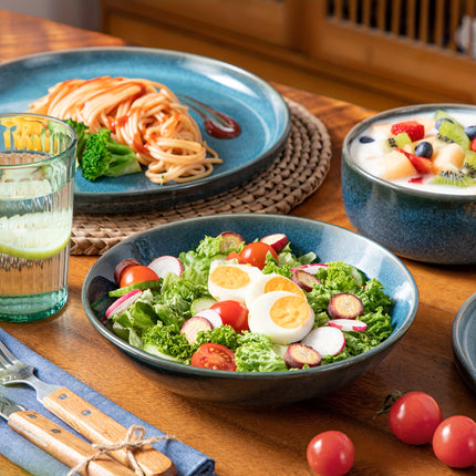16pcs Dining Set Featuring Blue Stoneware with a Double-Sided Reactive Glaze Design