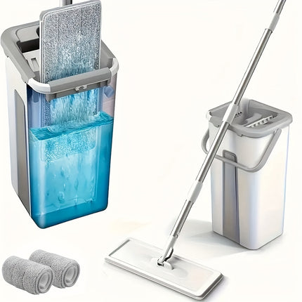 1 Set Mop And Bucket With Wringer Set, Flat Floor Mop And Bucket