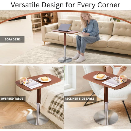 Adjustable Swivel Table with Saddle Leather Cover & Sturdy Metal Legs - Retro Bedside Laptop Desk,