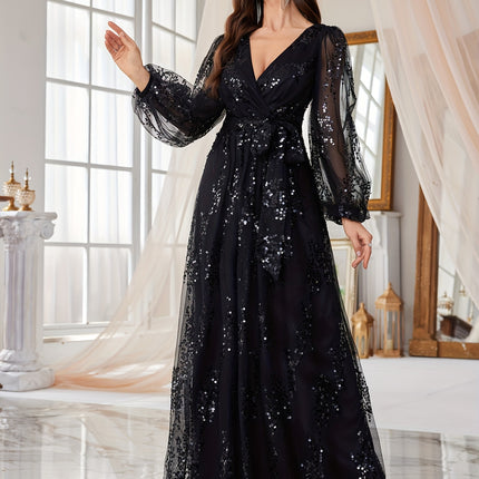 Women'S Sequin Party Evening Gown with Lantern Sleeves, V-Neck, Cinched Waist, And Long Skirt