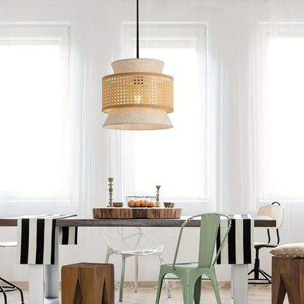 Vintage Rattan Woven Chandelier with Rattan And Fabric Lampshade,
